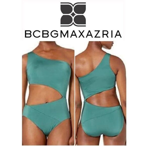BCBGMAXAZRIA Women's Shoulder Cutout One Piece Solid Color Swimsuit Size…